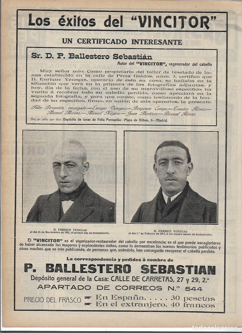 Coleccionismo: A&Ntilde;O 1913 RECORTE PRENSA PUBLICIDAD VINCITOR VIGORIZADOR CABELLO BALLESTERO SEBASTIAN ENRIQUE VENEGAS