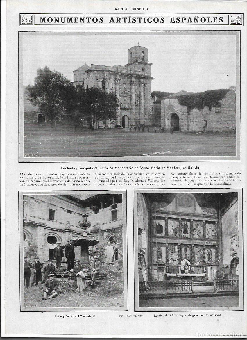 Coleccionismo: A&Ntilde;O 1913 RECORTE PRENSA GALICIA MONASTERIO SANTA MARIA DE MONFERO FACHADA PATIO FUENTE RETABLO ALTAR