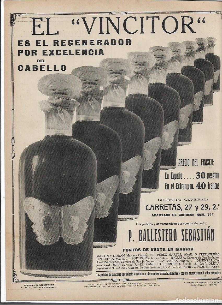 Coleccionismo: A&Ntilde;O 1913 RECORTE PRENSA PUBLICIDAD VINCITOR VIGORIZADOR CABELLO BALLESTERO SEBASTIAN