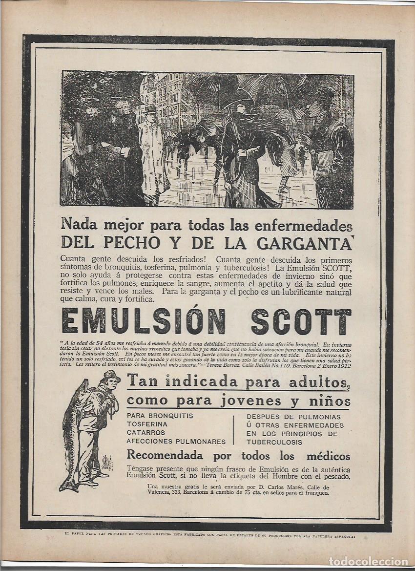 Colecionismo: A&Ntilde;O 1913 RECORTE PRENSA PUBLICIDAD EMULSION SCOTT ENFERMEDADES PECHO GARGANTA RESFRIADOS