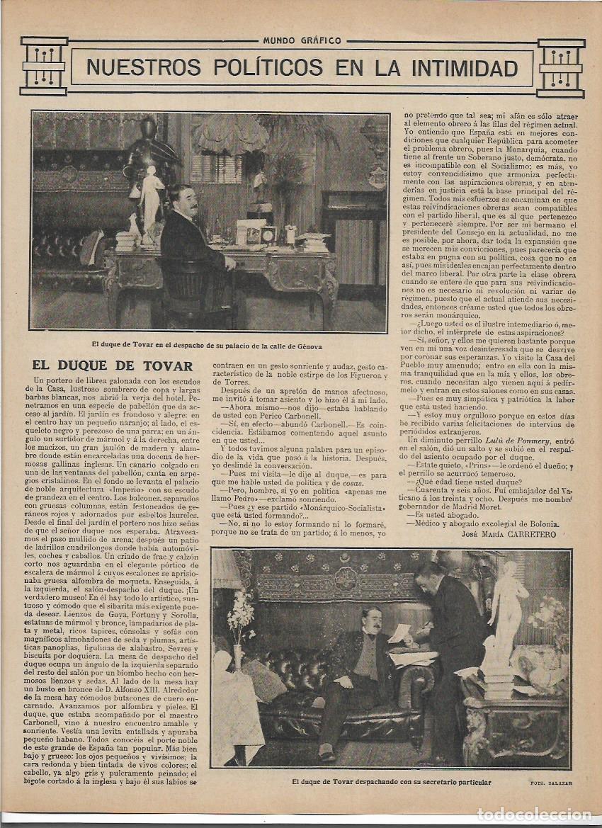 Colecionismo: A&Ntilde;O 1913 RECORTE PRENSA POLITICA EL DUQUE DE TOVAR EN LA INTIMIDAD ENTREVISTA JOSE MARIA CARRETERO