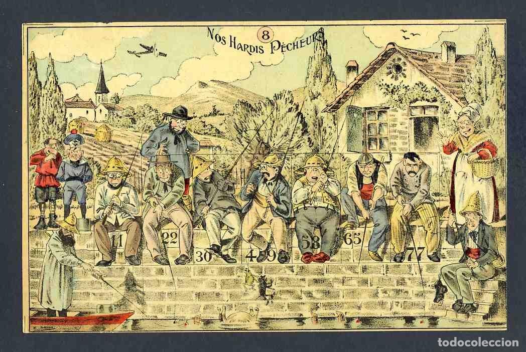 Coleccionismo: Antigua litografia de un juego de mesa frances. Pescadores (24'5 x 15'5 cms)