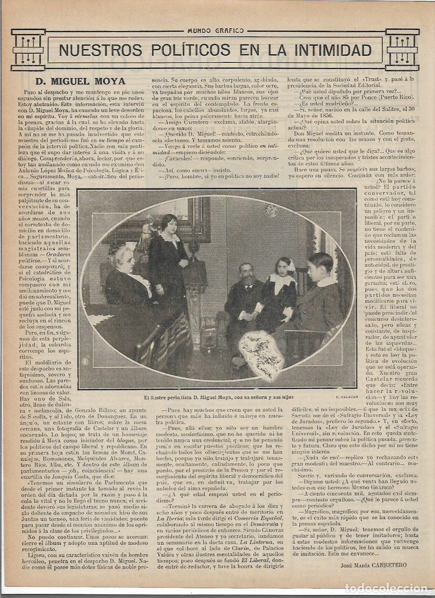 Collezionismo: A&Ntilde;O 1913 RECORTE PRENSA POLITICA MIGUEL MOYA EN LA INTIMIDAD ENTREVISTA DE JOSE MARIA CARRETERO
