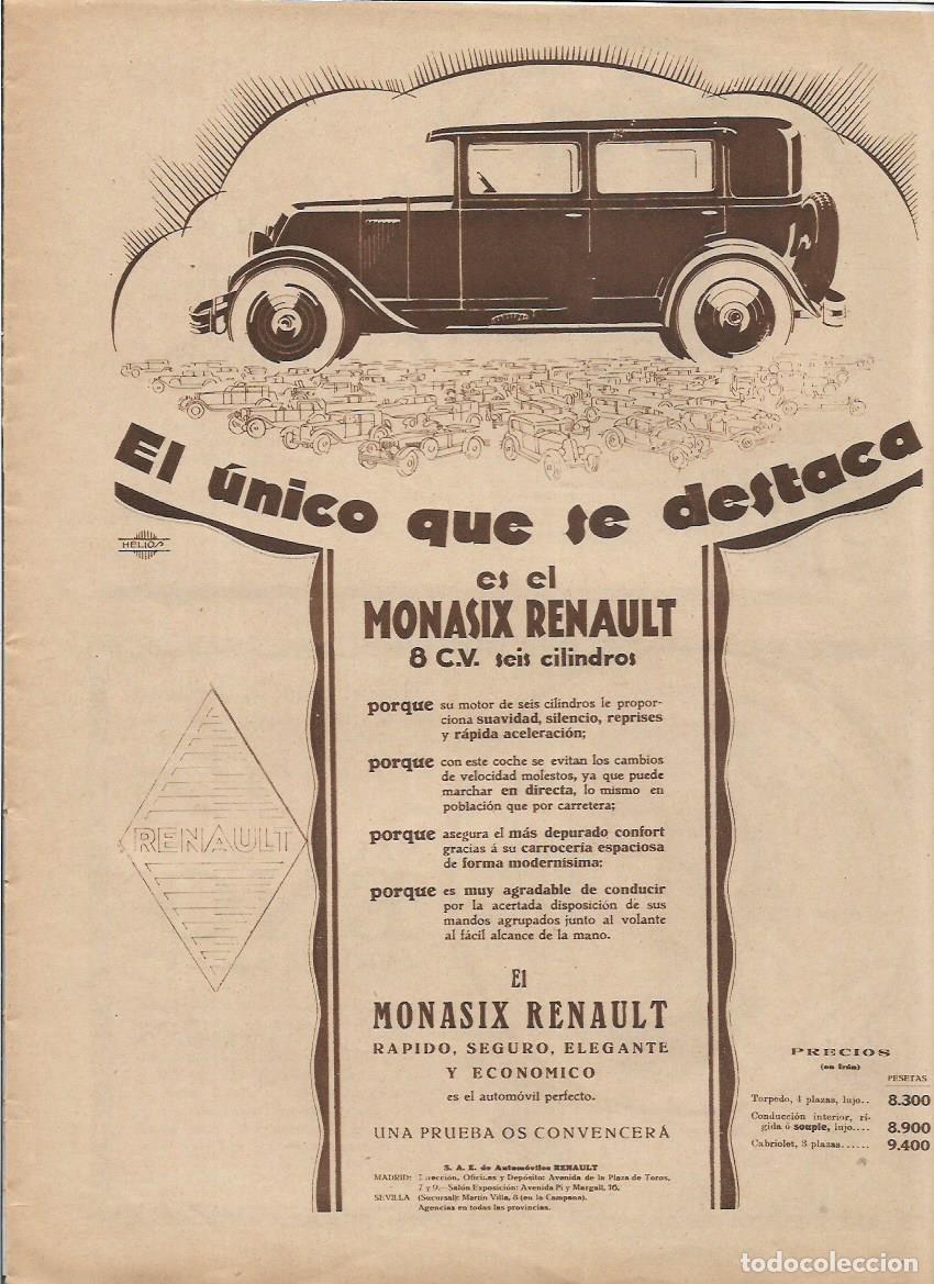 Collezionismo: A&Ntilde;O 1928 RECORTE PRENSA PUBLICIDAD MONASIX RENAULT COCHE AUTOMOVIL 8 CV SEIS CILINDROS