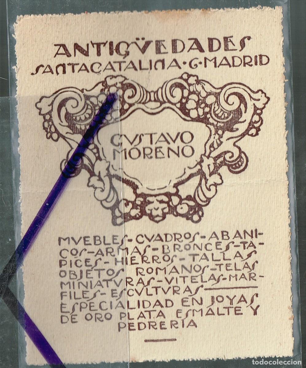 Coleccionismo: 1900 ca. Bello Tarjet&oacute;n Cartulina Sin Desbarbar &rdquo;ANTIG&Uuml;EDADES GUSTAVO MORENO&rdquo; - MADRID (2)