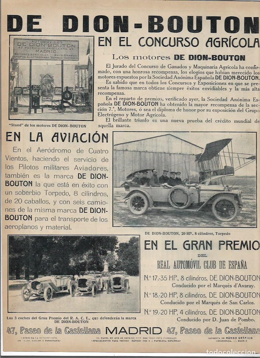 Collectionnisme: A&Ntilde;O 1913 RECORTE PRENSA MOTOR DE DION BOUTON CONCURSO AGRICOLA AVIACION AUTOMOVILISMO MOTORES