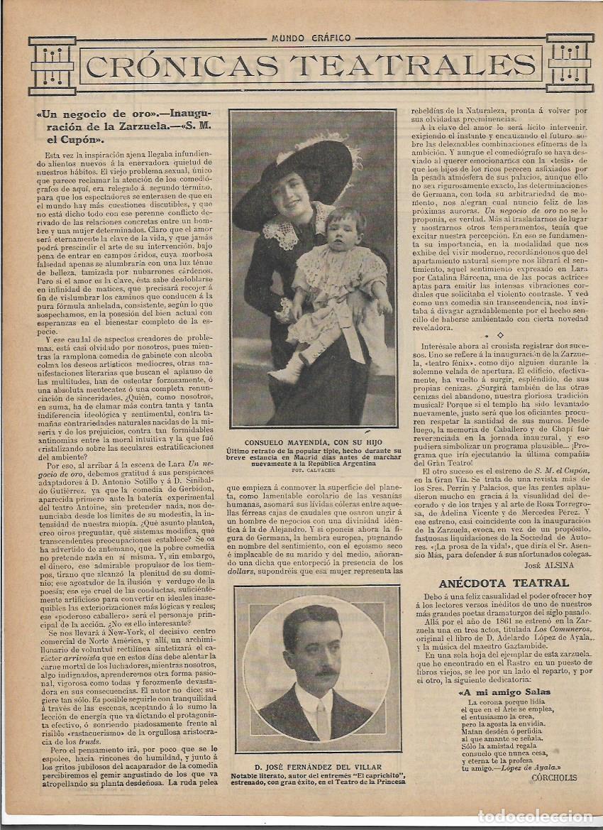 Collectionnisme: A&Ntilde;O 1913 RECORTE PRENSA CONSUELO MAYEDIA CON SU HIJO ANTES DE PARTIR A ARGENTINA ARTISTA