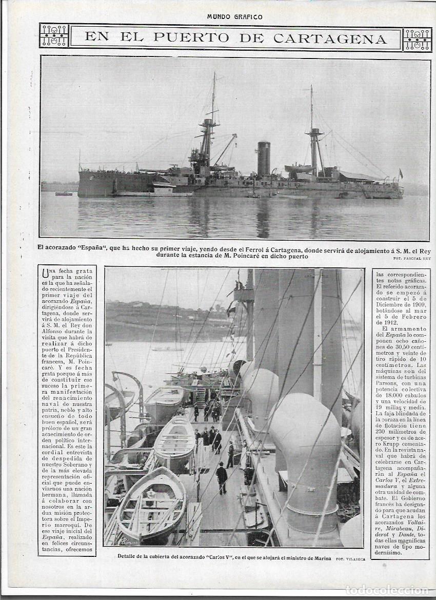 Collectionnisme: A&Ntilde;O 1913 RECORTE PRENSA MARINA ACORAZADO ESPA&Ntilde;A EN CARTAGENA