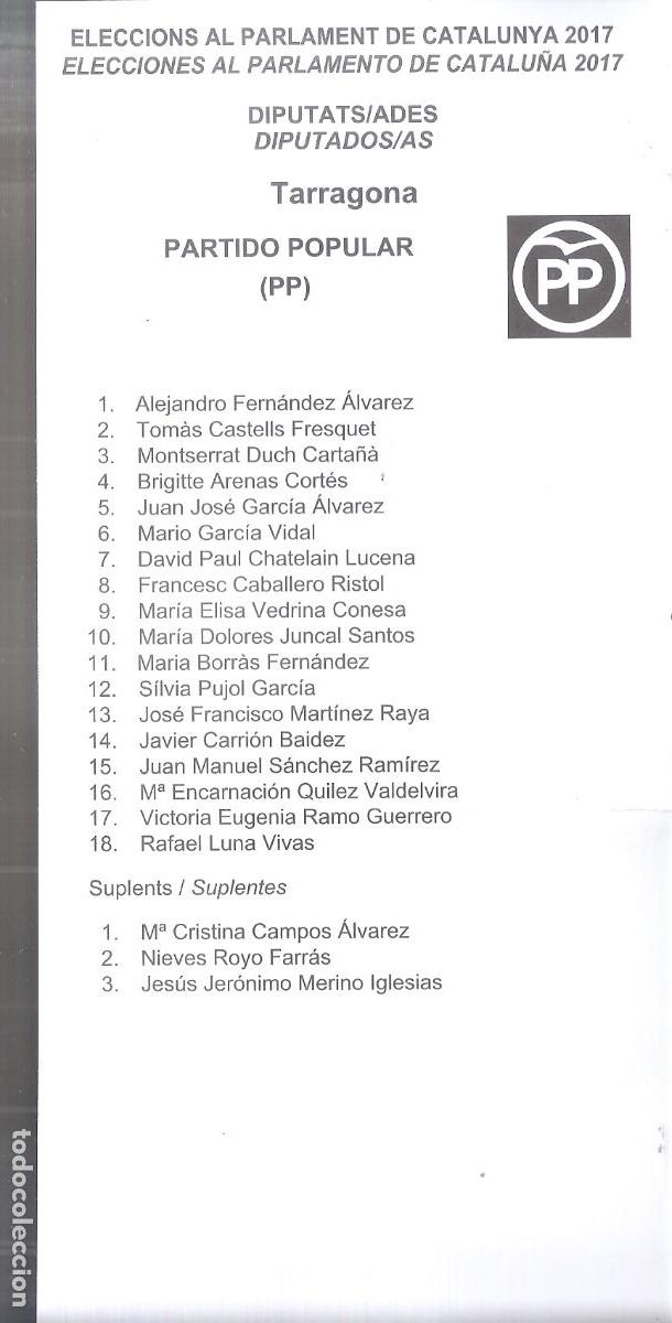 Collectionnisme: Partido Popular. Elecciones al parlamento de Catalu&ntilde;a 2017. Papeleta. Tarragona