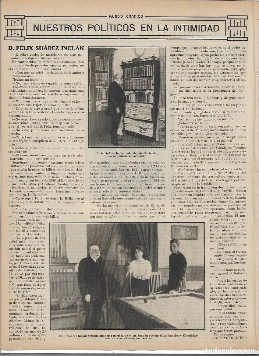 Collectionnisme: A&Ntilde;O 1913 RECORTE PRENSA POLITICA FELIX SUAREZ INCLAN EN LA INTIMIDAD ENTREVISTA JOSE MARIA CARRETERO