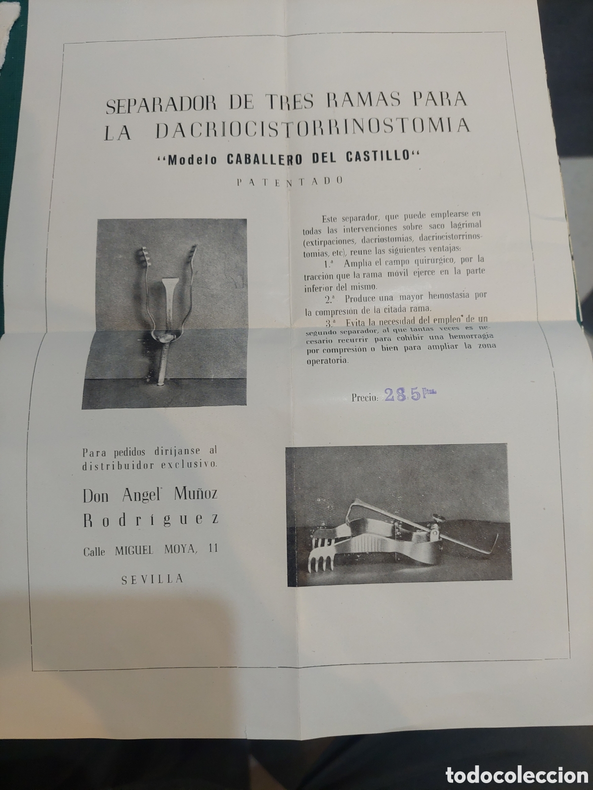 Collezionismo: Medicina impreso publicidad instrumentos separador dacriocistorrinostomia Sevilla don Angel Mu&ntilde;oz