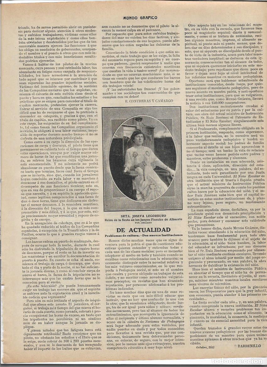 Colecionismo: A&Ntilde;O 1913 RECORTE PRENSA JOSEFA LEGORBURO REINA DE LA FIESTA JUEGOS FLORALES DE ALBACETE