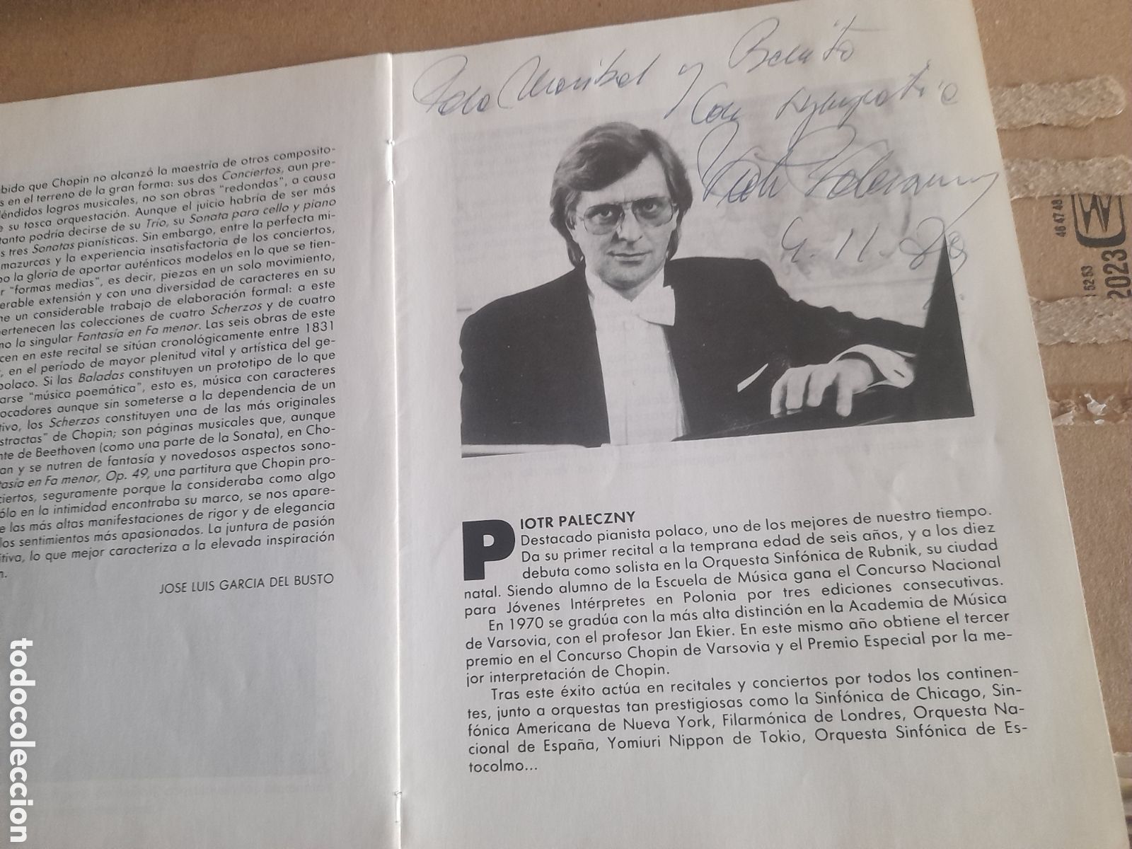 Colecionismo: Programa del Recital de Piano, PIOTR PALECZNY, firmado y dedicado por el autor