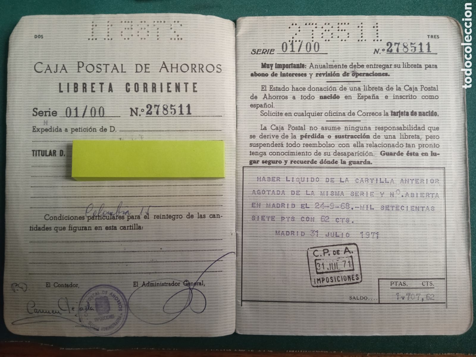 Coleccionismo: LIBRETA CORRIENTE CAJA POSTAL DE AHORROS - A&Ntilde;O 1968 - Foto 3