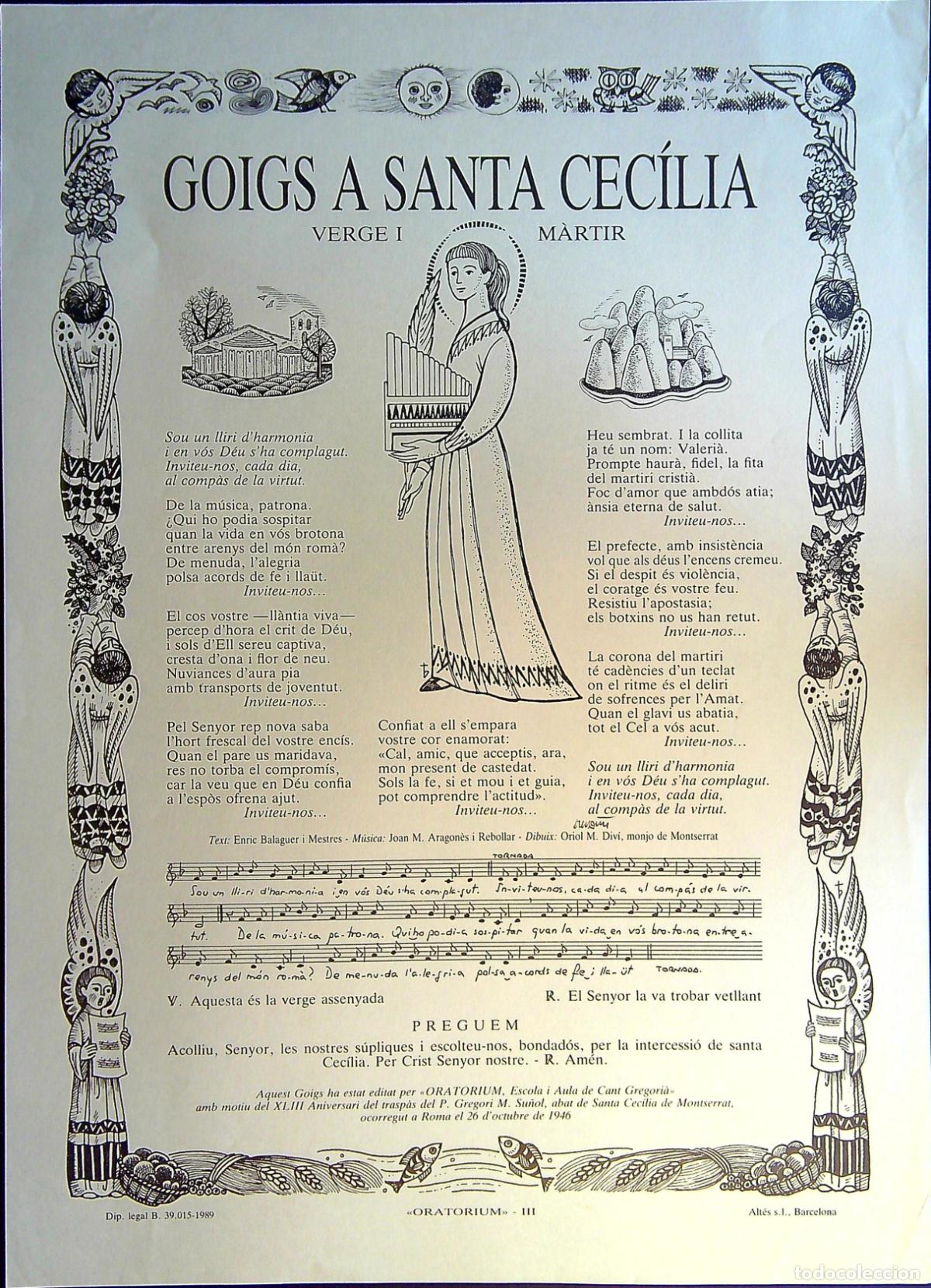 Coleccionismo: GOIGS A SANTA CEC&Iacute;LIA VERGE I MARTIR - XLIII ANIVERSARI TRASP&Agrave;S P.GREGORI SU&Ntilde;OL