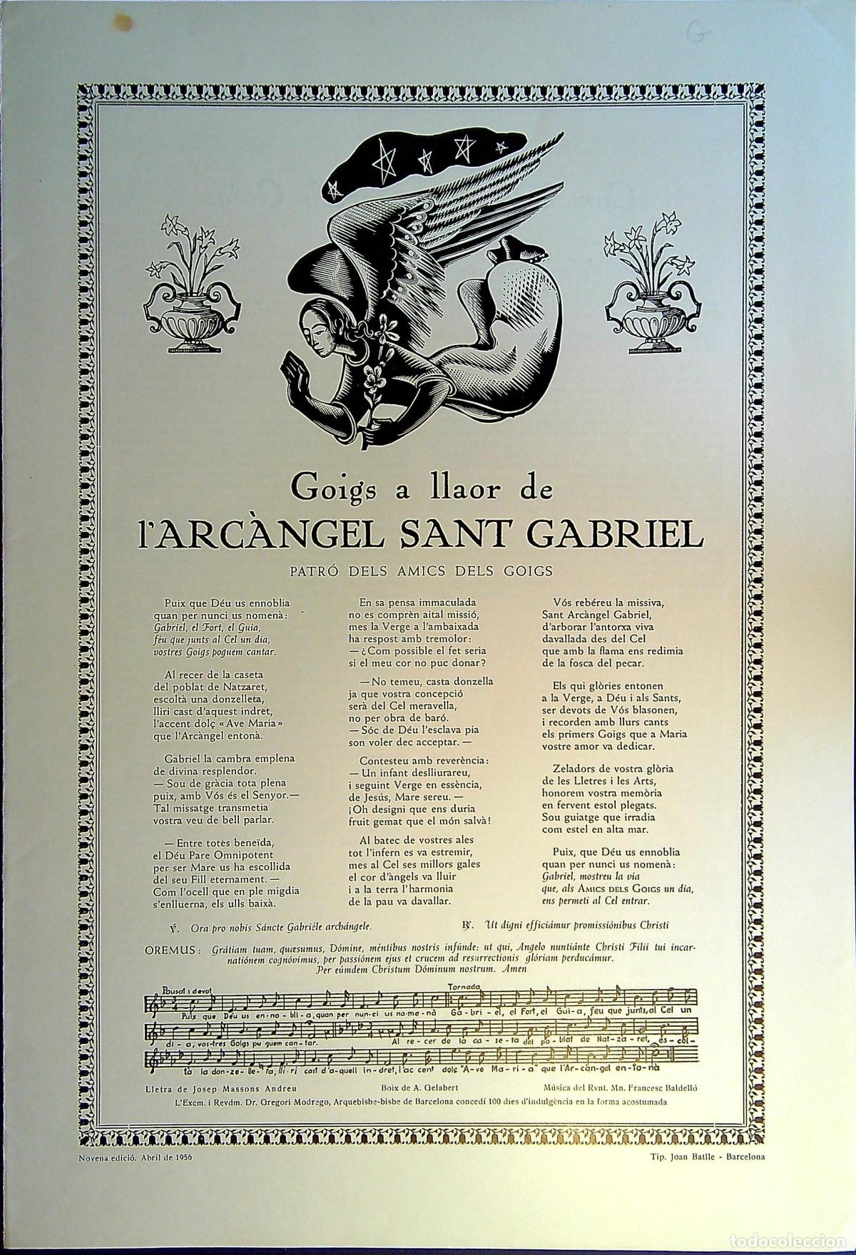 Collecting paper: GOIGS A LLAOR DE L'ARC&Agrave;NGEL SANT GABRIEL - BOIX DE A.GELABERT - 1956