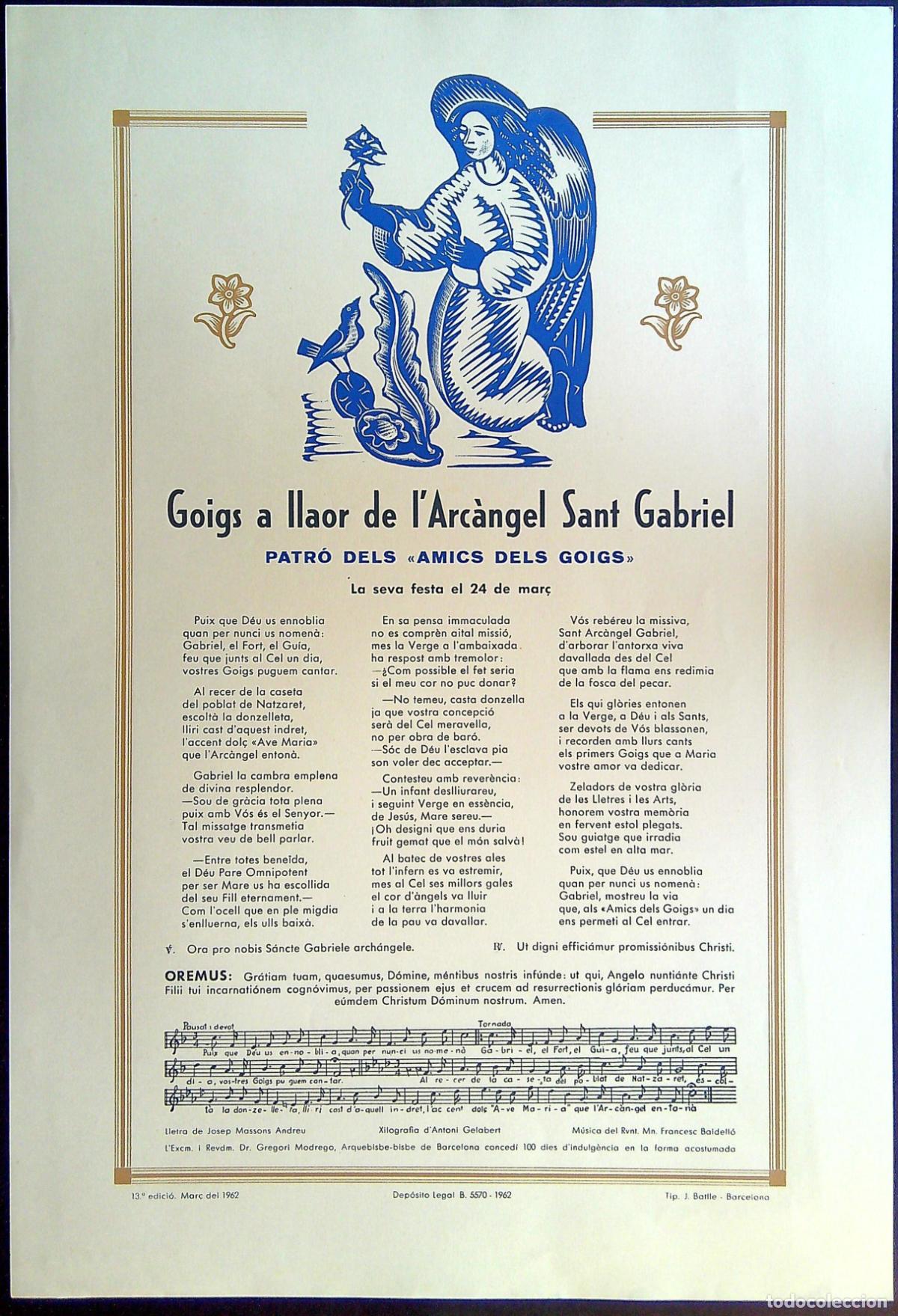 Colecionismo: GOIGS A LLAOR DE L'ARC&Agrave;NGEL SANT GABRIEL - XILOGRAFIA D'ANTONI GELABERT - 1962