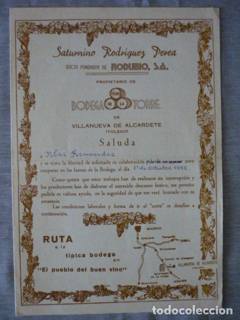 Collecting paper: VILLANUEVA DE ALCARDETE TOLEDO BODEGA VINOS DE LA TORRE IMPRESO COLABORACI&Oacute;N VENDIMIA