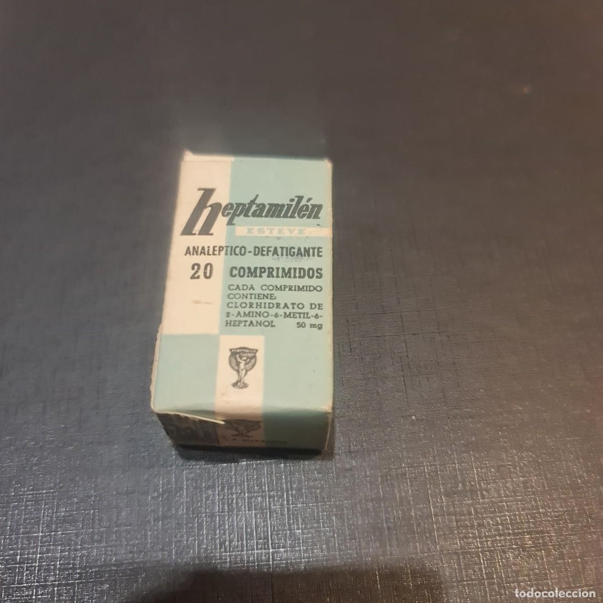 Coleccionismo: Tarro de cristal con pastillas y cajita de cart&oacute;n de Heptamil&eacute;n. Lab. Dr. Esteve, Barcelona.