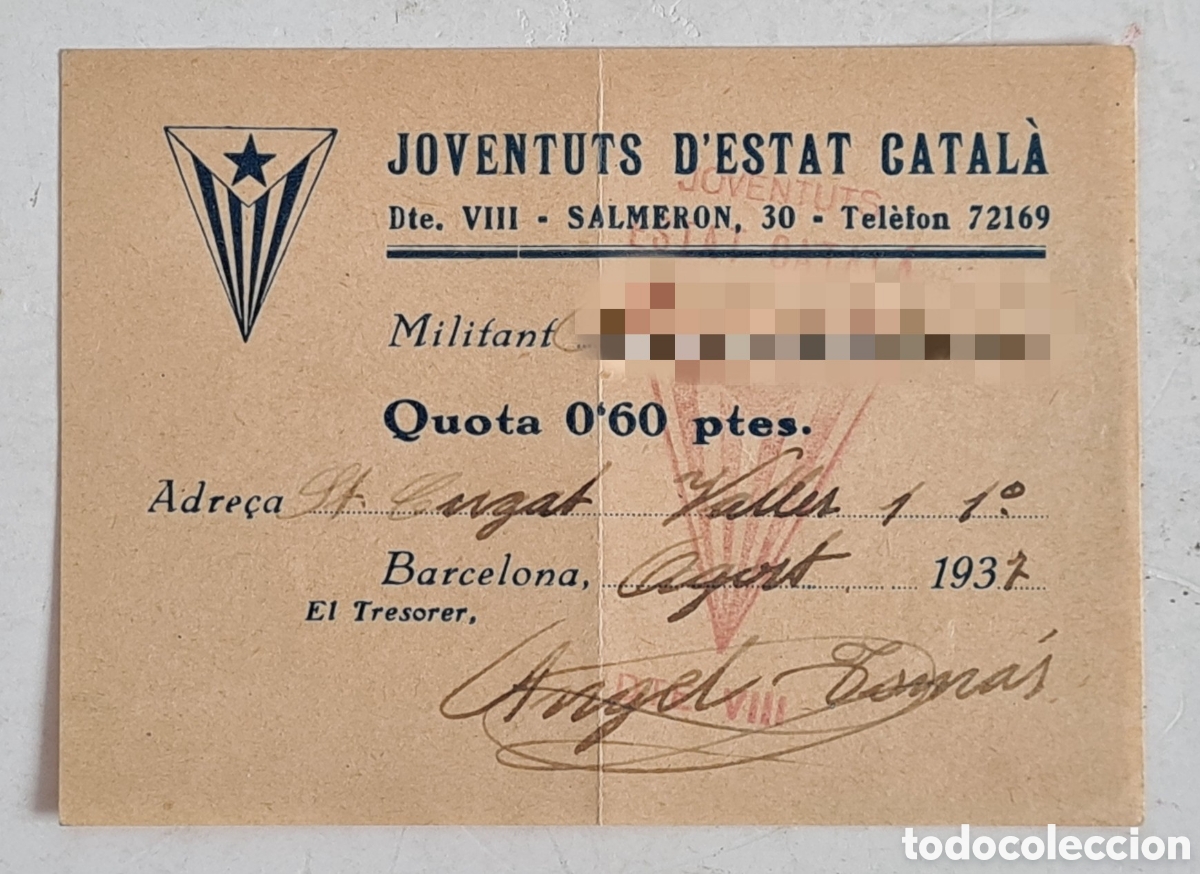 Coleccionismo: Rebut Quota Joventuts d' Estat Catal&agrave; 1937 Firma Tresorer - Independ&egrave;ncia Catalunya Francesc Maci&agrave;