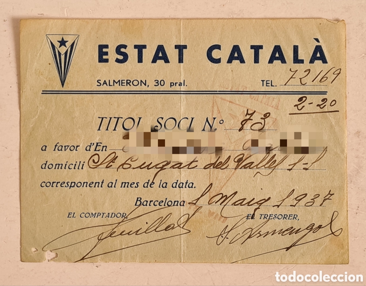 Coleccionismo: T&iacute;tol Soci n&uacute;m. 73 Estat Catal&agrave; 1937 - Independ&egrave;ncia Francesc Maci&agrave;