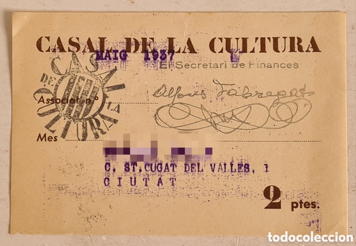 Coleccionismo: Rebut Quota Soci Casal de la Cultura 1937 - Firma Secretari Finances - Sello - Rep&uacute;blica
