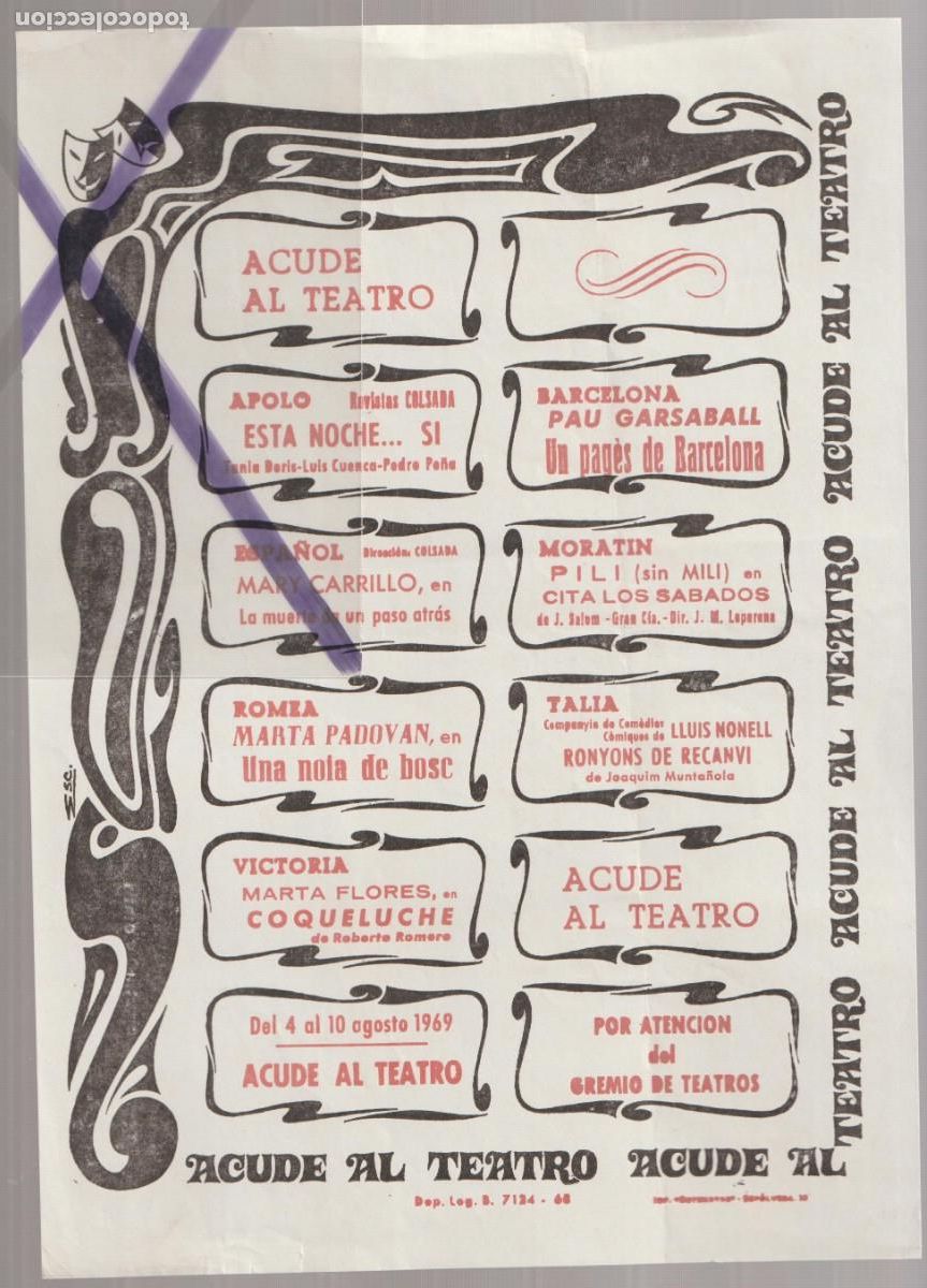 Coleccionismo: 1968 (ja obres en catal&agrave;) HOJA ''ACUDE AL TEATRO'' CON LA PROGRAMACI&Oacute;N DE TEATROS EN BARCELONA