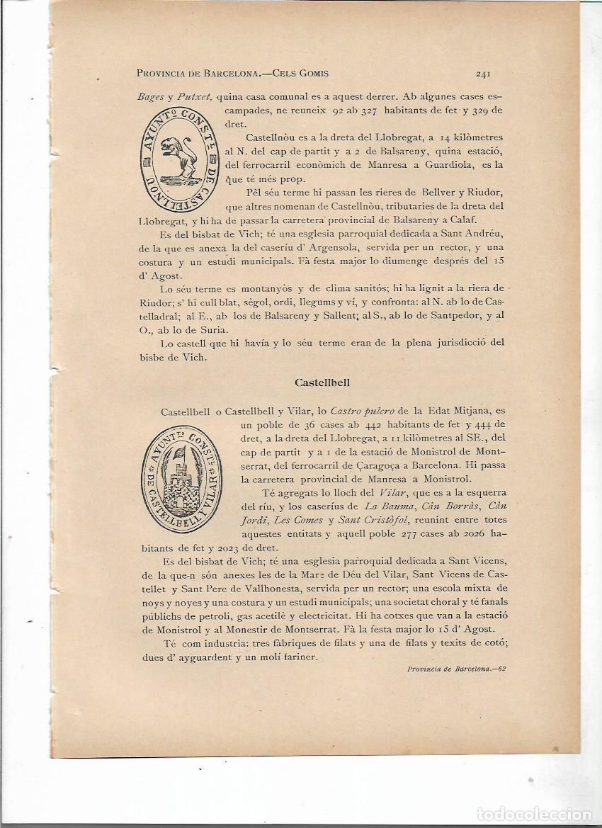 Colecionismo: SEPARATA A&Ntilde;O 1913 CASTELLBELL I EL VILAR BCNA SELLO MUNICIPAL ANTIGUO DESCRIPCION