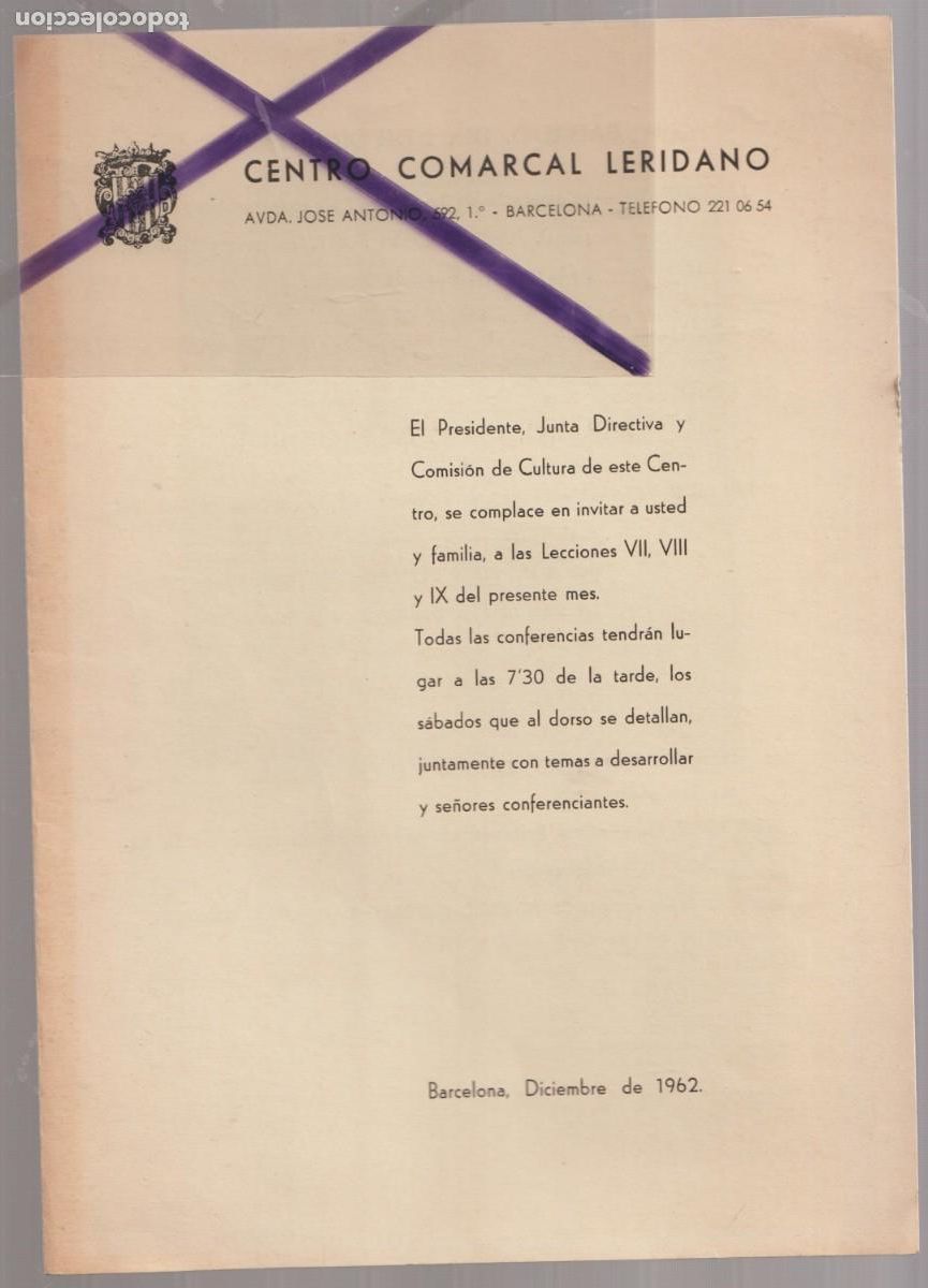 Coleccionismo: BARCELONA 1962 CENTRO COMARCAL LERIDANO INVITACI&Oacute;N A TRES CONFERENCIAS t&iacute;tulos en descripci&oacute;n (2)