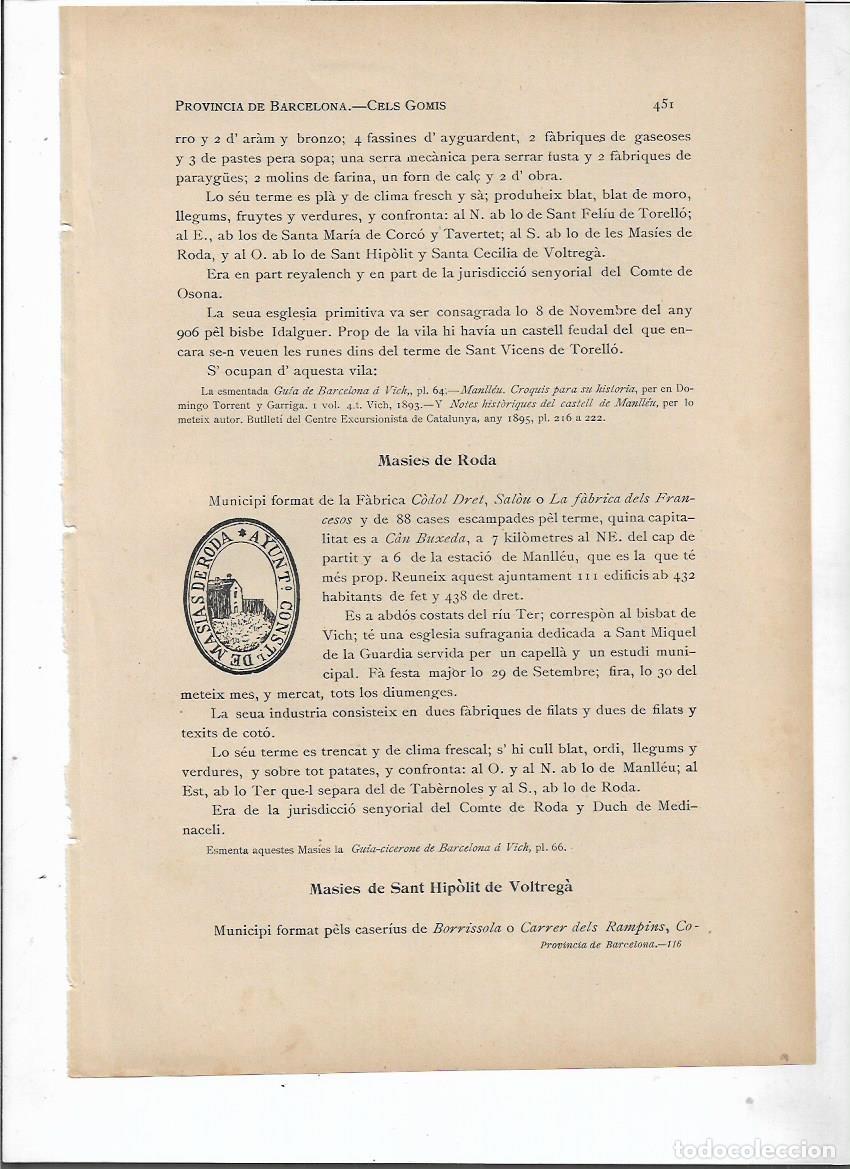 Collezionismo: SEPARATA A&Ntilde;O 1913 LES MASIES DE RODA SELLO MUNICIPAL ANTIGUO DESCRIPCION