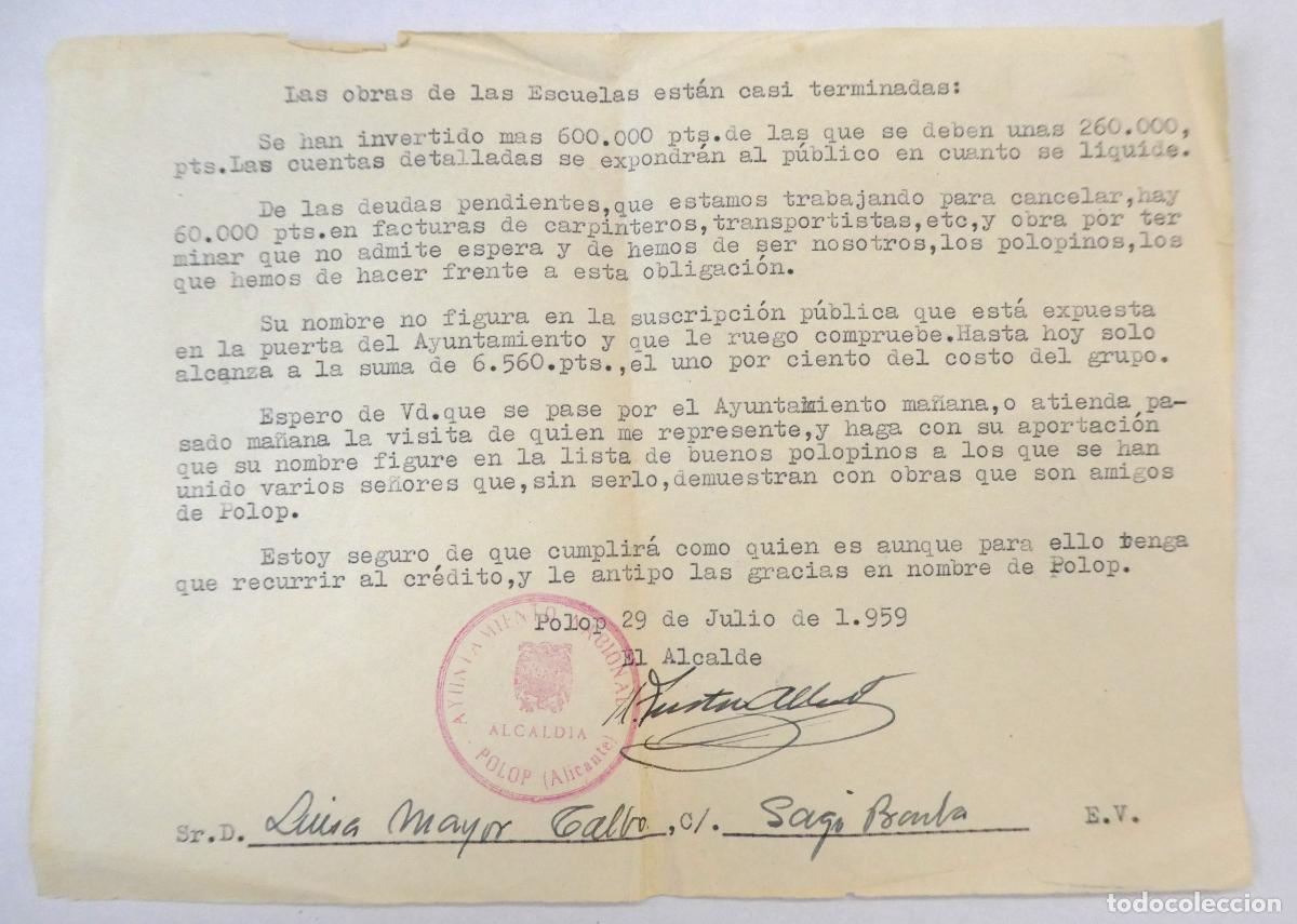 Coleccionismo: Interesante carta del Ayuntamiento de Polop Alicante 1959