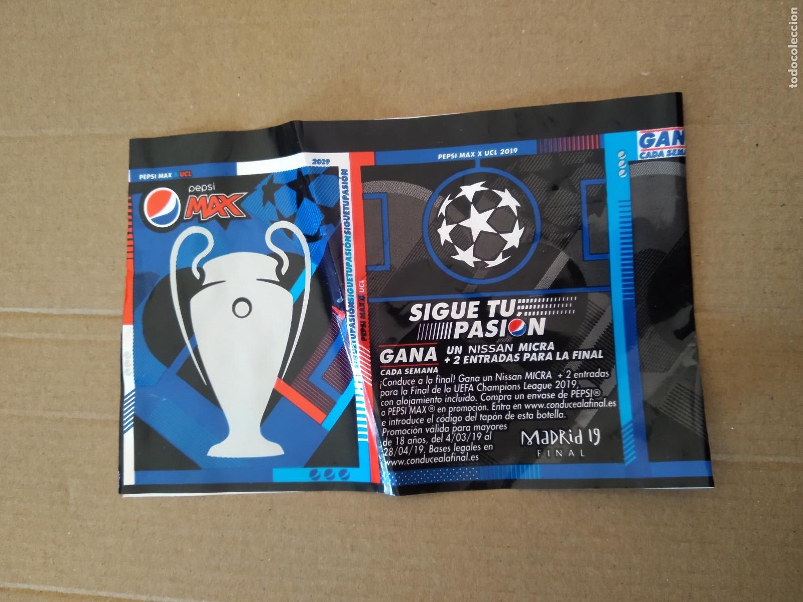 Coleccionismo: ENVOLTORIO PUBLICIDAD PEPSI MAX GANA 2 ENTRADAS CHAMPIONS LEAGUE FINAL MADRID 2019