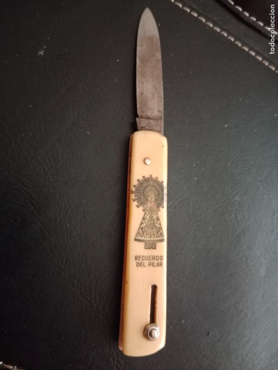 Coleccionismo: RARA NAVAJA ZARAGOZA VIRGEN DEL PILAR - CACHAS DE MARFIL O HUESO - HALMA