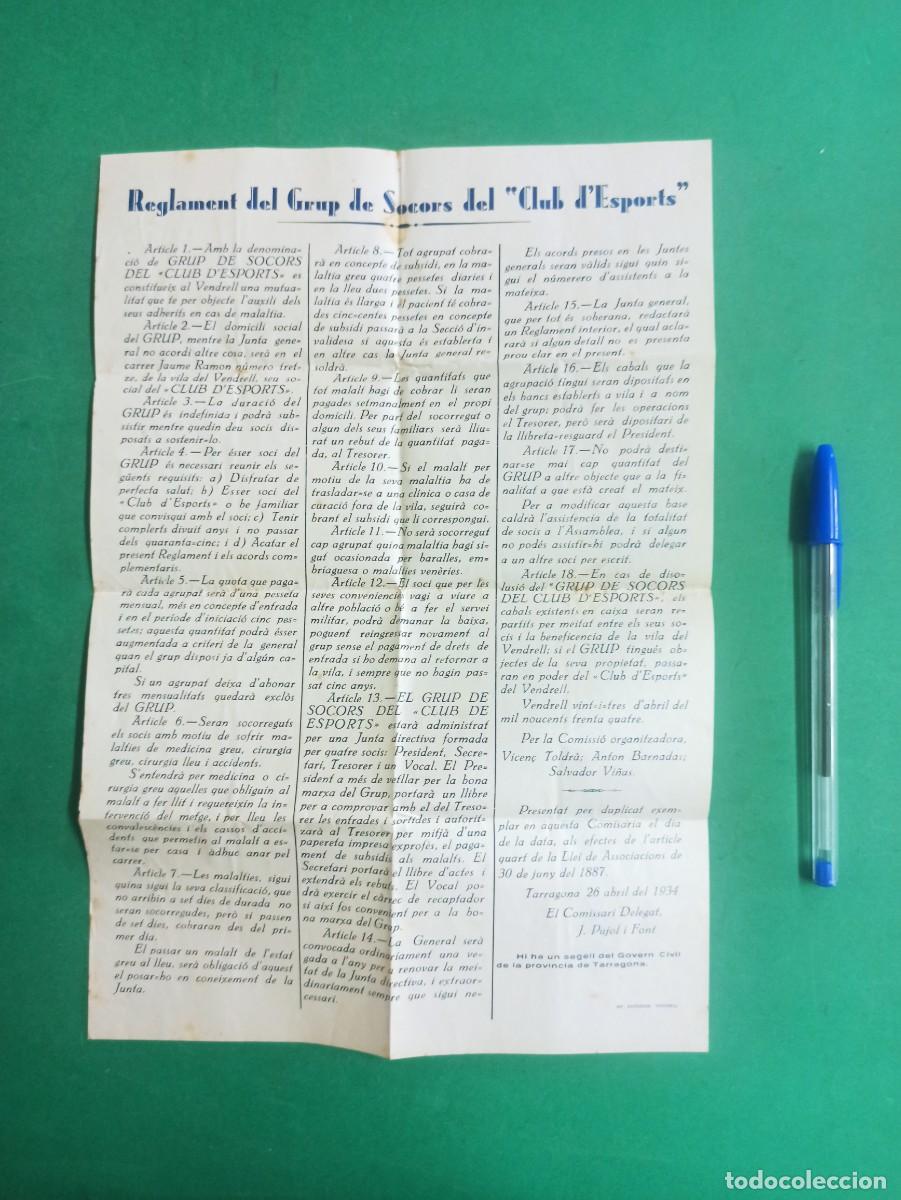 Colecionismo: Documento Reglament del Grup de Socorrs del Club d'Esports. Tarragona 1934.