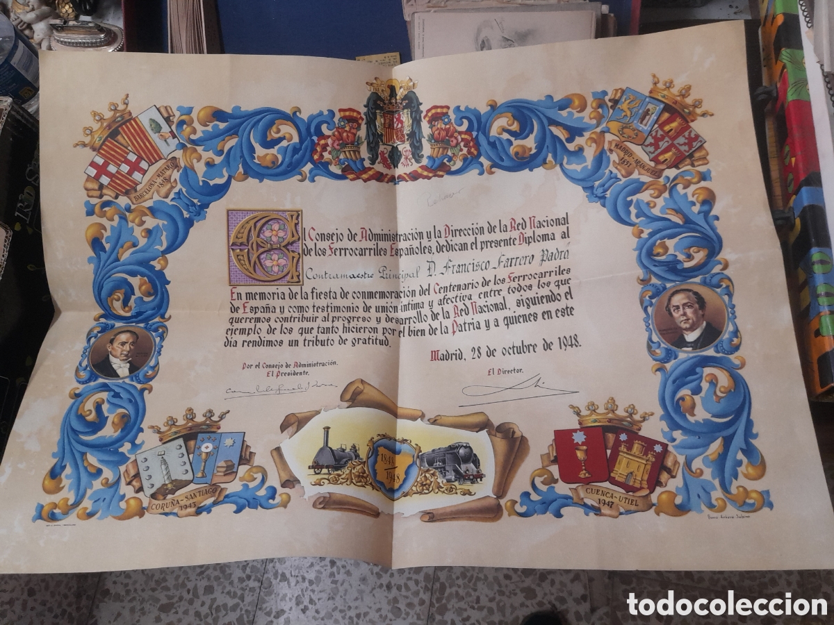 Coleccionismo: Diploma de la Red de Ferrocarriles Espa&ntilde;oles, Fiesta del Centenario de 1948 mide 56x41 cm