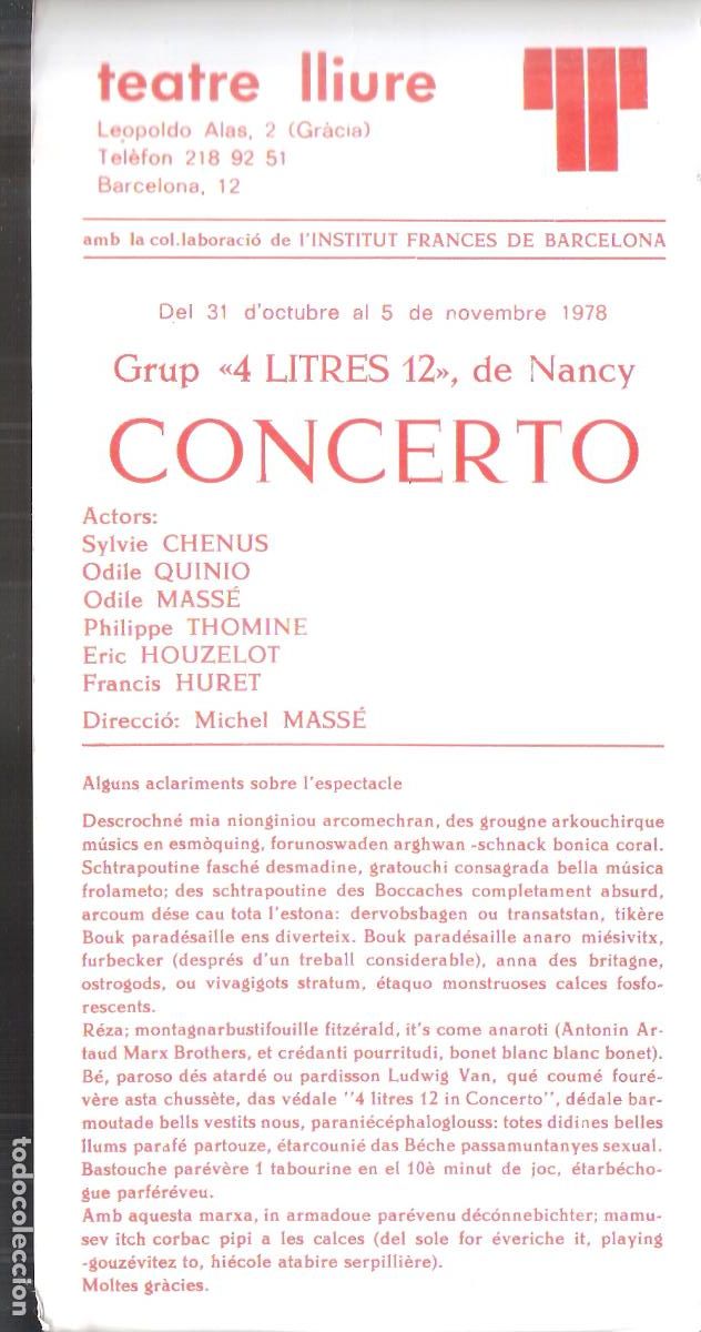 Coleccionismo: 4 litres12. Concerto. Octubre 1978. Teatre Lliure, Barcelona. Hoja. 22X11 cm.