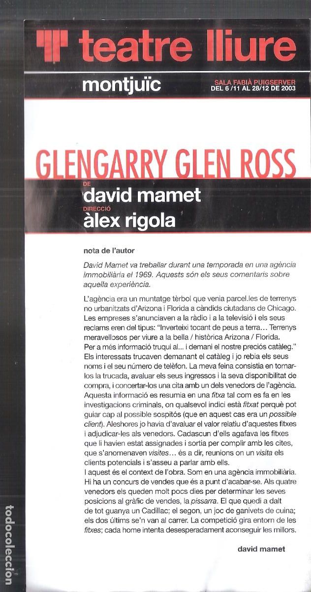 Collectionnisme: Glengarry glen Ross.David Mamet.Alex Rigola. Noviembre 2003.Teatre Lliure, Monj&uuml;ic.Hoja. 21X11