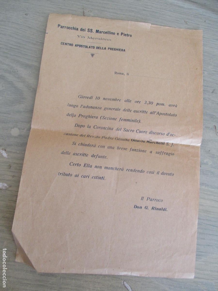 Coleccionismo: ANTIGUO DOCUMENTO (S/F) DE: PARROCCHIA DEL SS.MARCELLINO E PIETRO-MIDE 21 X 14 CM.