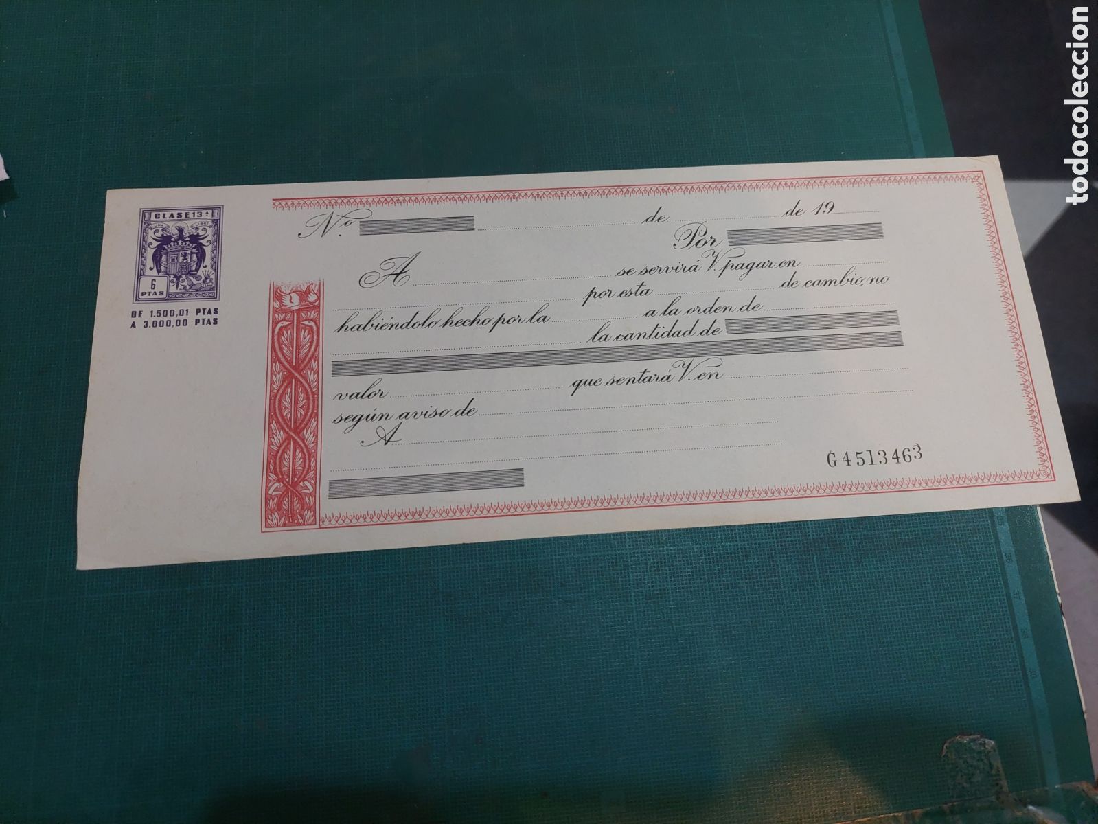 Collectionnisme: LETRA SIN CIRCULAR DE 1 500.01 A 3.000.000 CLASE 13 6 PESETAS ESTADO ESPA&Ntilde;OL &Aacute;GUILA