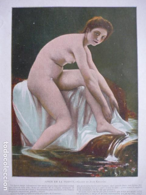 Collectionnisme: JOVEN EN LA FUENTE ANTIGUA LAMINA CROMOLITOGRAFICA EROTICA EROTISMO DESNUDO SIGLO XIX 34 X 26 CM