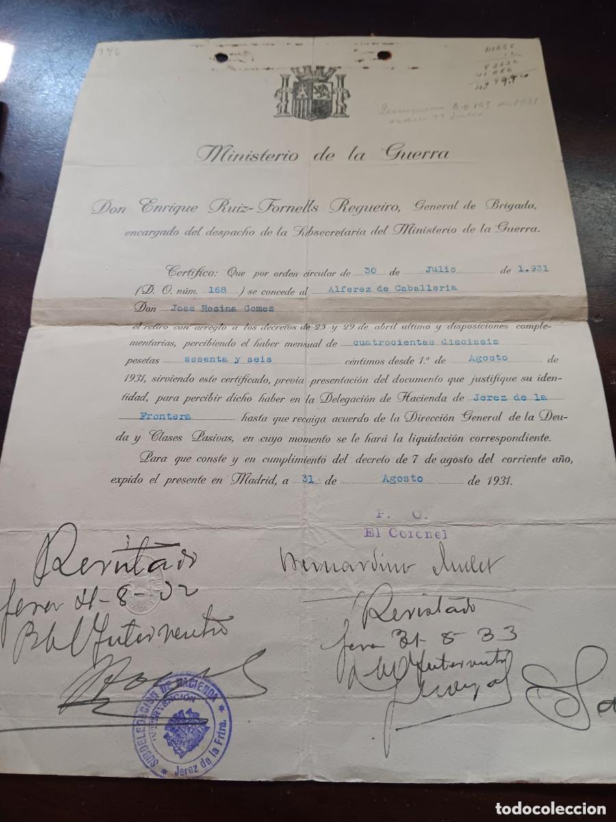 Colecionismo: Certificado de cargo alf&eacute;rez de caballeria ministerio de la guerra 1931