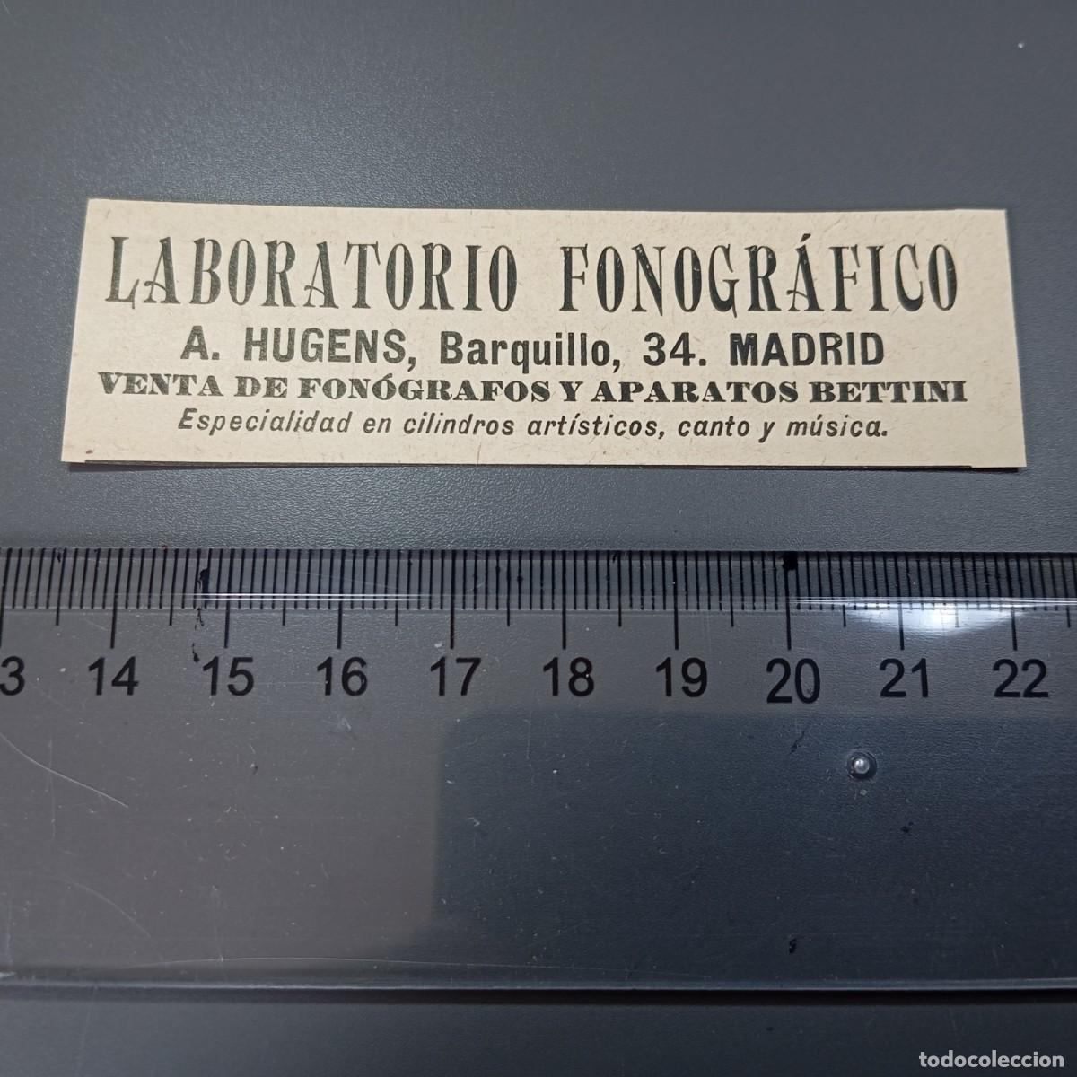 Coleccionismo: ⚜️ A&ntilde;o 1898. Laboratorio fonogr&aacute;fico Hugens, fon&oacute;grafos Bettini. Publicidad. Recorte