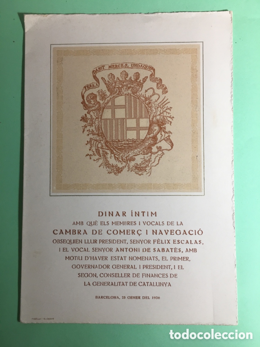 Coleccionismo: 1936 CAMBRA COMER&Ccedil; I NAVEGACI&Oacute; DINAR OBSEQUI A F&Eacute;LIX ESCALAS I ANTONI DE SABATES PER NOMBRAMENTS