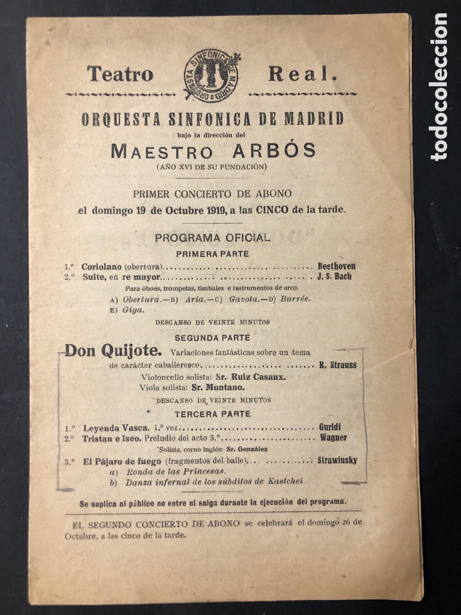 Coleccionismo: Programa teatro real 1919 orquesta sinf&oacute;nica de madrid Maestro Arbos don quijote 11