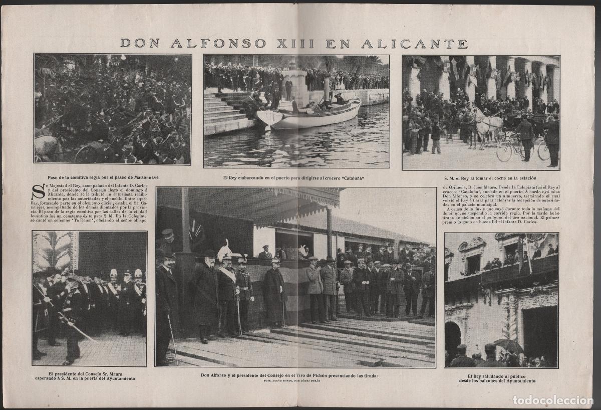 Coleccionismo: DON ALFONSO XIII EN ALICANTE - DOBLE HOJA DE REVISTA 1909