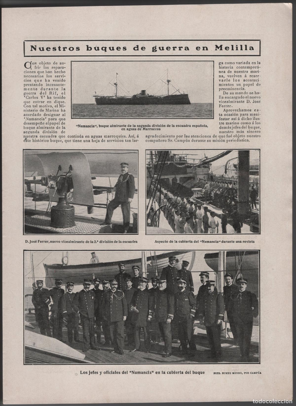 Coleccionismo: NUESTROS BUQUES DE GUERRA EN MELILLA. NUMANCIA - HOJA DE REVISTA 1909