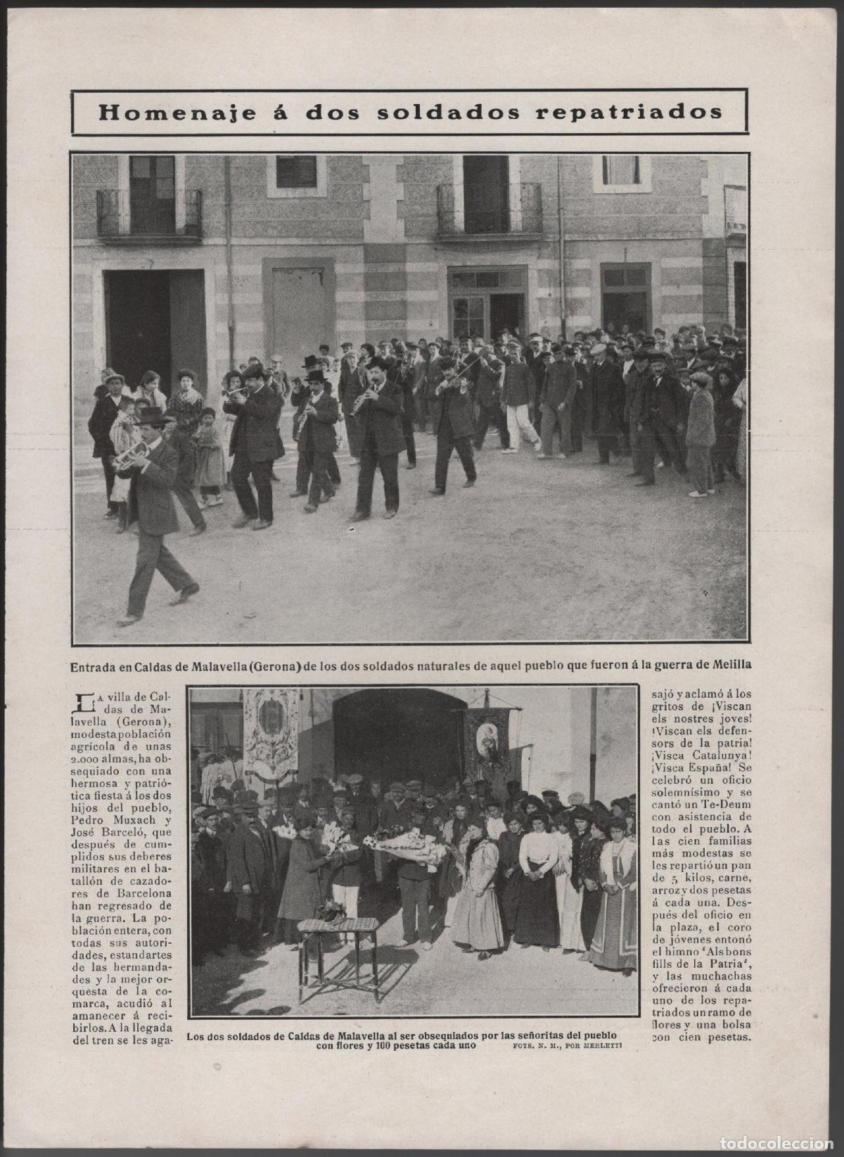 Coleccionismo: HOMENAJE A DOS SOLDADOS REPATRIADOS. CALDAS DE MALAVELLA. GERONA - HOJA DE REVISTA 1909
