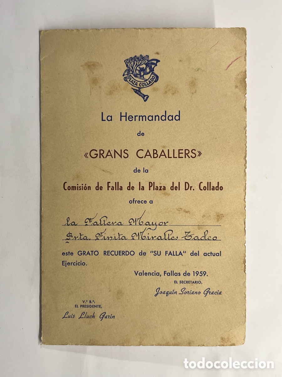 Colecionismo: Falla de la Plaza del Dr. Collado La Comisi&oacute;n de la Hermandad de GRANS CABALLERS (a.1959)