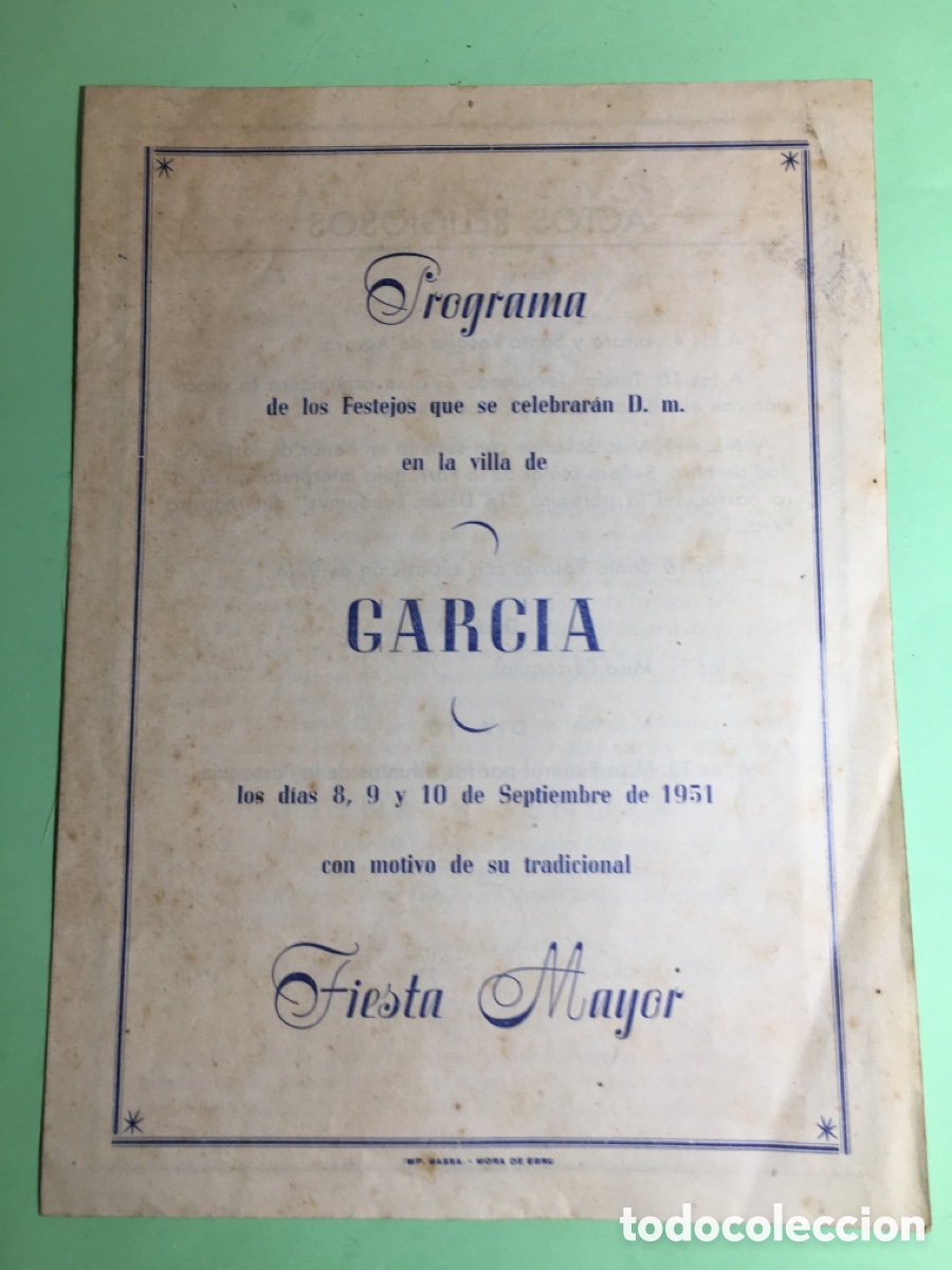 Coleccionismo: 1951 GARCIA Ribera d&rsquo;Ebre PROGRAMA TRADICIONAL FIESTA MAYOR 8,9,10/9