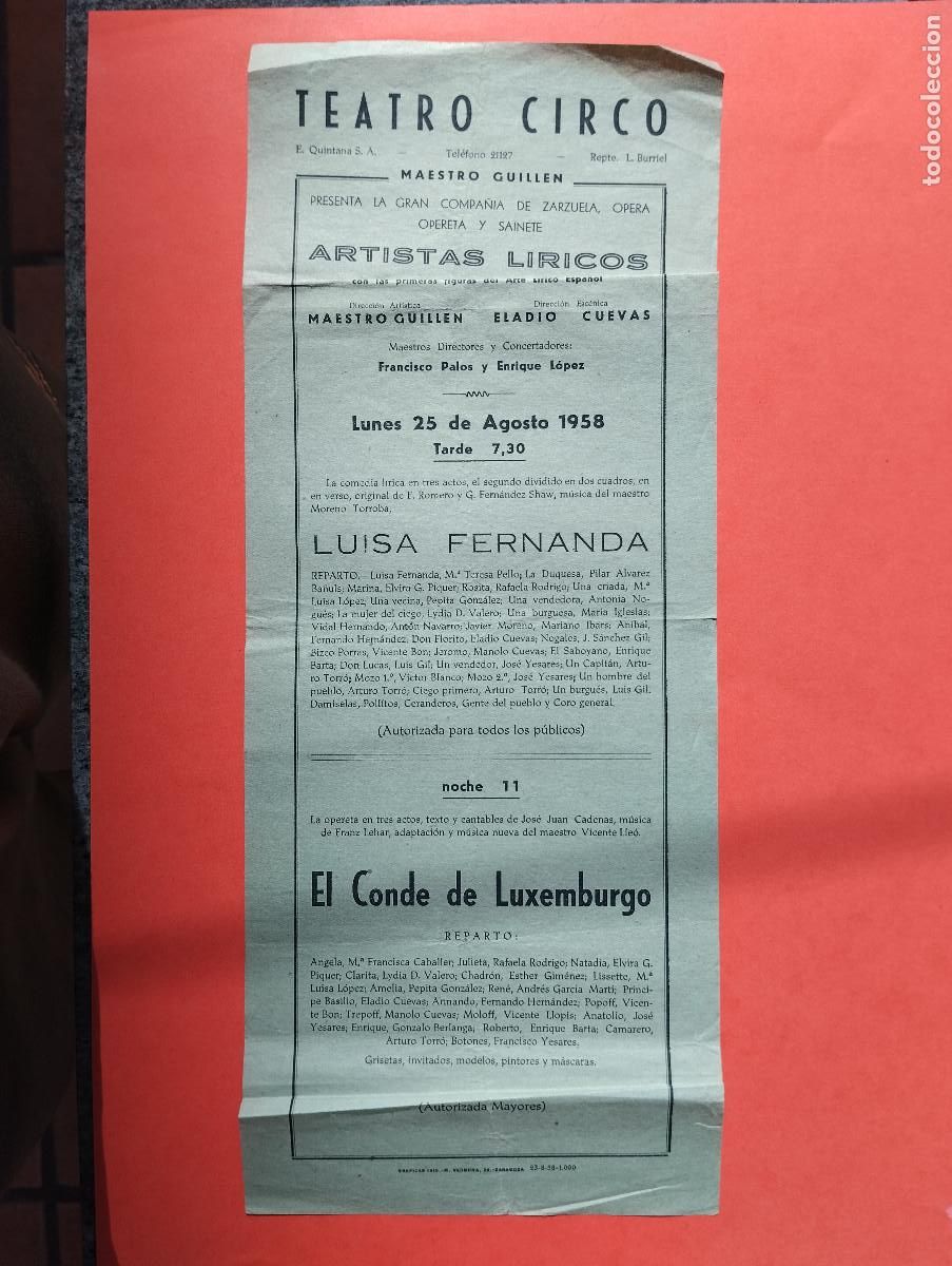 Coleccionismo: PROGRAMA TEATRO CIRCO, ZARAGOZA. LUISA FERNANDA, 1958. 34X14CM.